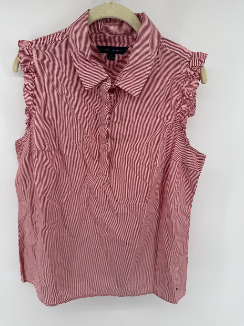 Tommy Hilfiger Pink & White Micro-Stripe Sleeveless Collared Top